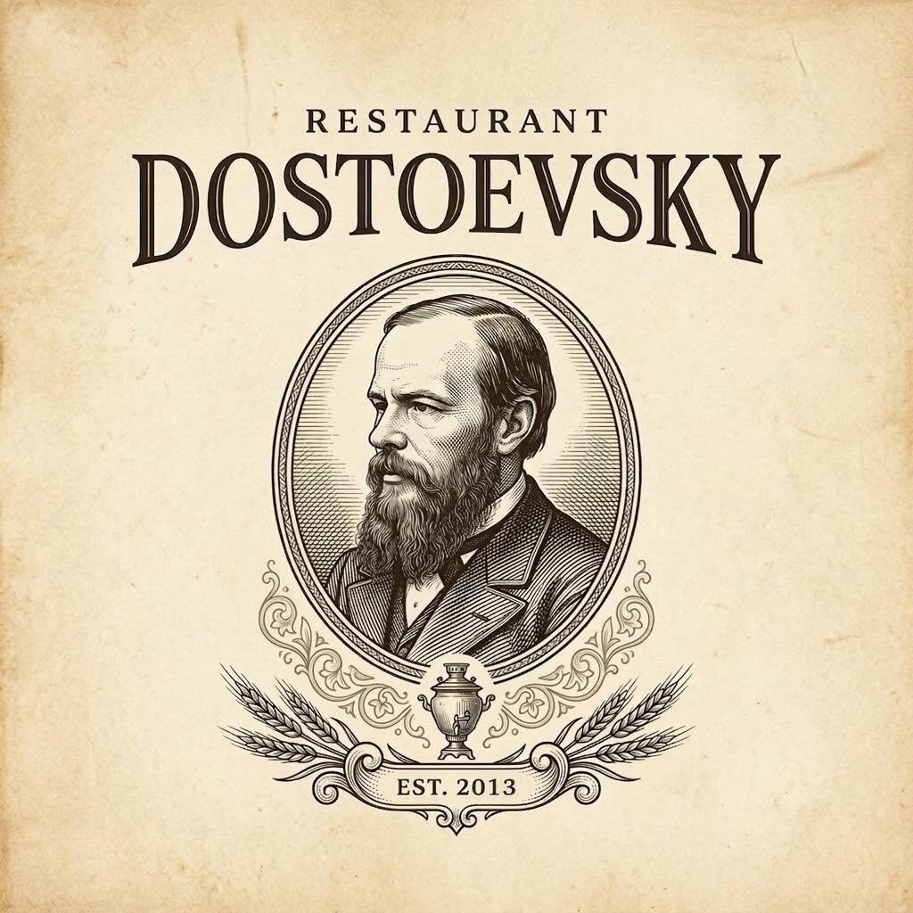 Логотип Restaurant Dostoevsky - гравюрный портрет, самовар, EST. 2013